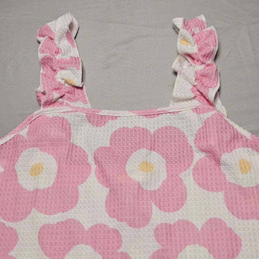 BiBi Floral Tank Top Womens XL Pink Waffle Knit Ruffle Coquette Boho Festival